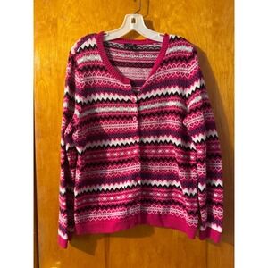 Talbots Petites Cardigan Womens LP Pink Fair Isle Knit Button Front Sweater